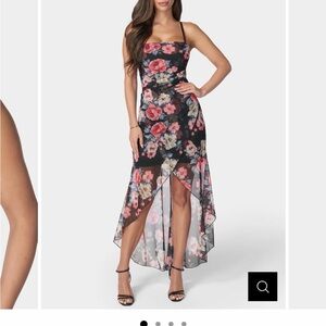 bebe Black and Pink Floral High Low Dress